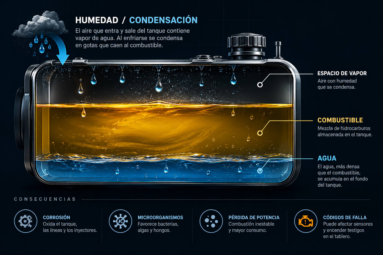 Infografía de un tanque con humedad y condensación en el espacio de vapor, combustible y agua acumulada en el fondo. Incluye referencias a corrosión, microorganismos, pérdida de potencia y códigos de falla.