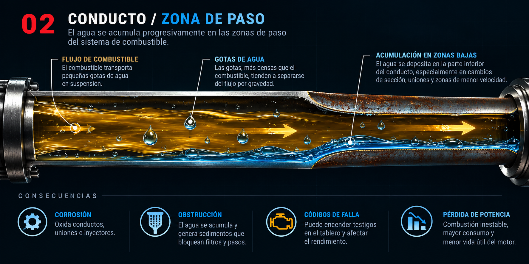 Infografía Conducto y zona de paso: flujo de combustible con gotas de agua y acumulación en las zonas bajas del conducto, con referencias a sus posibles consecuencias.